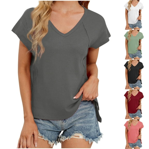 Otvok Womens New Summer Solid Color V-Neck Short Sleeve Tops with A Slit At The Hem