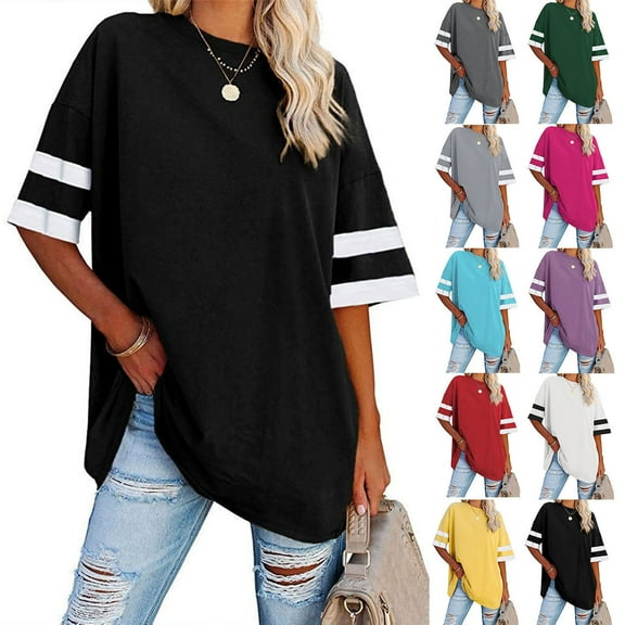 Otvok Womens Oversized Tees Loose T Shirts Half Sleeve Round Neck Color Block Tunic Tops