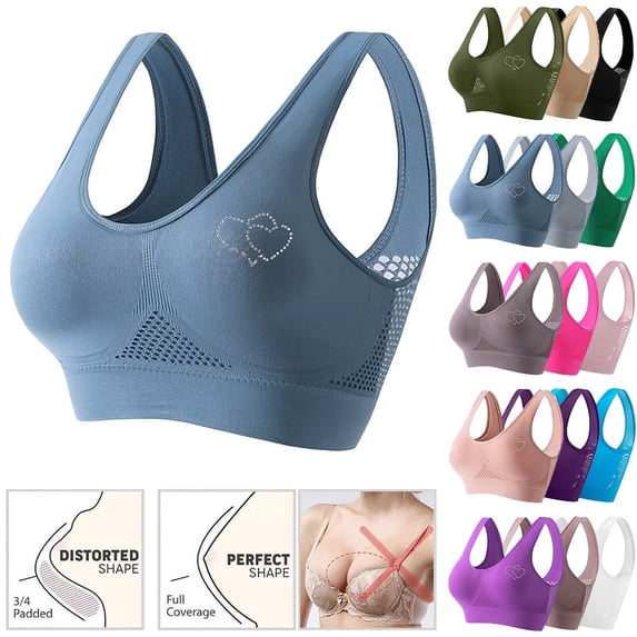 Otvok Womens Plus Size Bras Wirefree Yoga Sports Bra, Rhinestone Heart Pattern Vent Mesh Seamless Bra for Gym