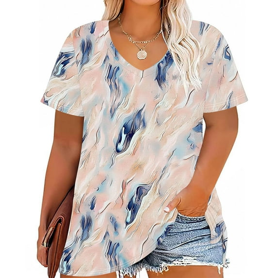 Otvok Womens Plus Size Top V-Neck Printing Short Sleeve Solid Color Summer Base T-Shirt