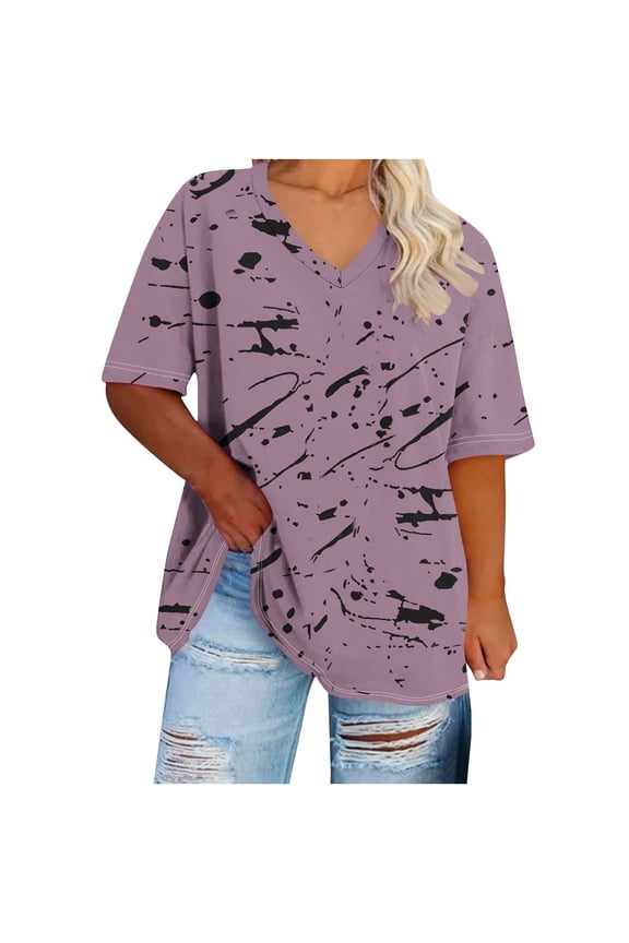 Womens Plus Size Tops Basic Summer Tee Shirts Short Sleeve V Neck Tunics Casual T-Shirt Loose Fit