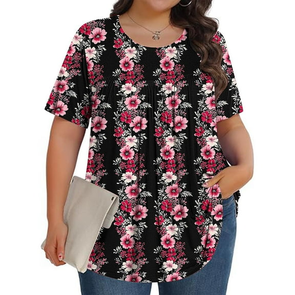 Otvok Womens Plus Size Tops Printed Crew-Neck Short-Sleeved Pleated Loose Blouses