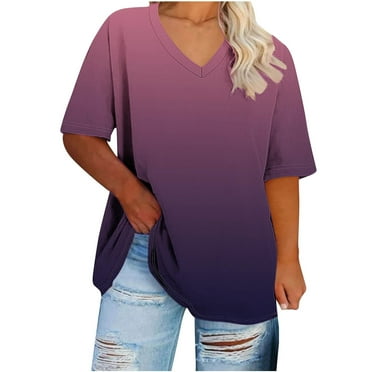 Otvok Womens Plus Size V-Neck Short Sleeve Gradient Color Printed Top T-Shirt