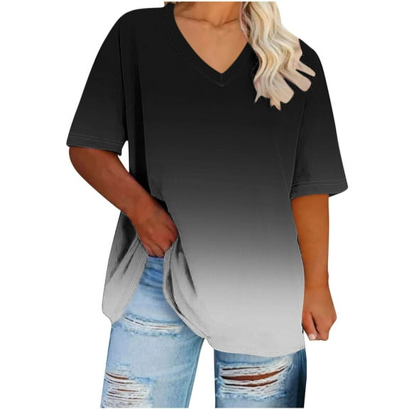 Otvok Womens Plus Size V-Neck Short Sleeve Gradient Color Printed Top T-Shirt