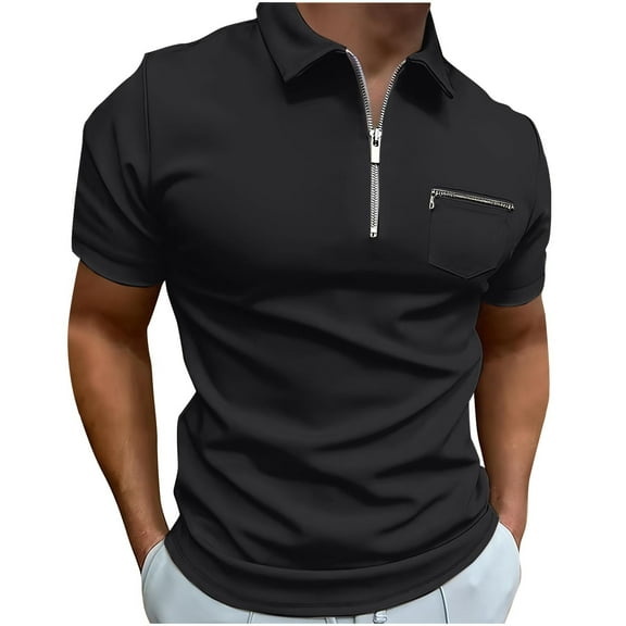 Otvok Men's T-Shirt Solid Color Half Zipper Outdoors Pocket Short Sleeve Turndown Collar Blouse