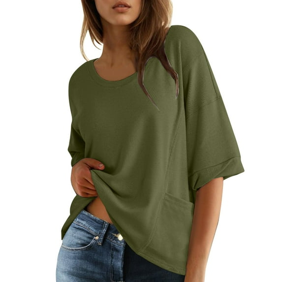 Otvok Womens Plus T-Shirt Summer Casual Loose Short Sleeve Solid Color Loose Pocket Tops
