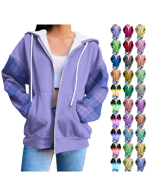 Womens Pocket Zip Up Hooded Jacket Plaid Patchwork Long Sleeve Drawstring Casual Daily Outer Coat
