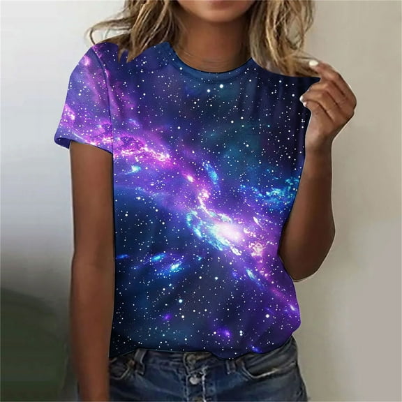 Otvok Womens Purple Tops Round Neck Star Printed Casual Short Sleeve Tops