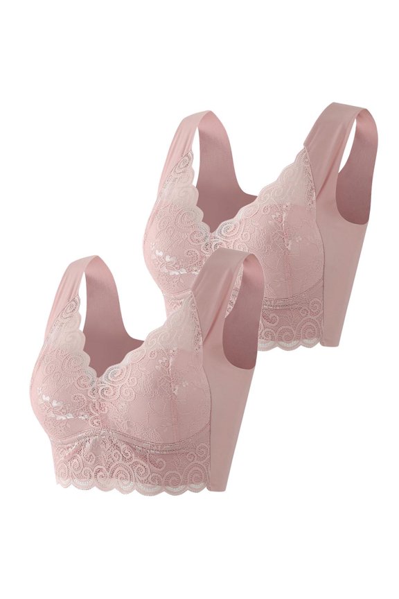 Womens Push Up Wireless Bra Plus Size Full Coverage Stretch Bras Seamless Lifting Lace Bra for Heavy Breast Smooth Breathable Everyday Wear Bra Pack Of 2