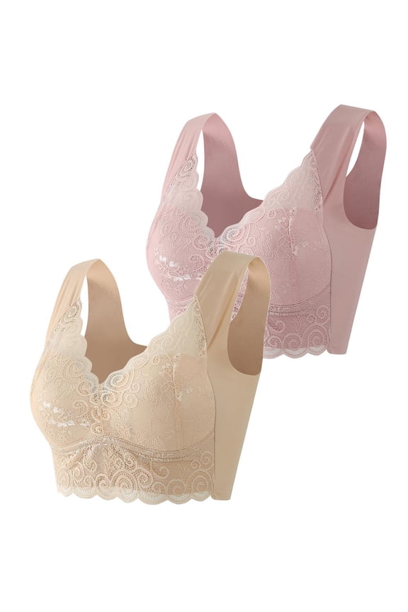 Womens Push Up Wireless Bra Plus Size Full Coverage Stretch Bras Seamless Lifting Lace Bra for Heavy Breast Smooth Breathable Everyday Wear Bra Pack Of 2