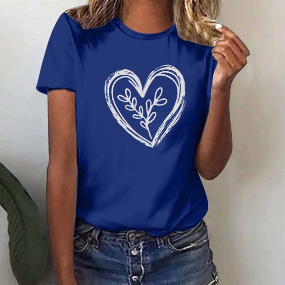 Otvok Womens Round Neck Floral Print Short Sleeved Casual Loose Valentine'S Tops