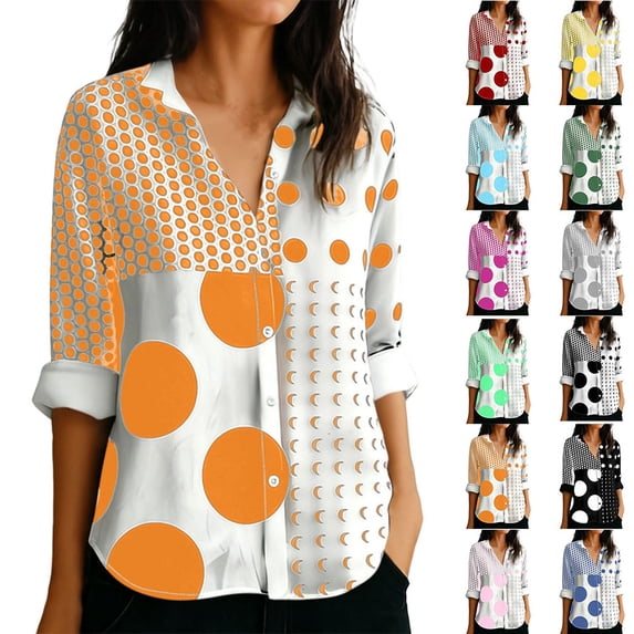 Otvok Womens Shirts Causal Button Tops Long-Sleeve Collared Shirt Polka-Dot Turndown Collar Shirt
