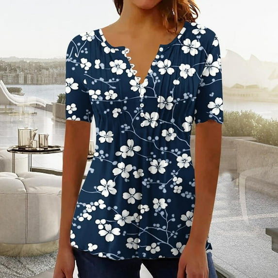 Otvok Womens Short Sleeve Tops V Neck Dressy Casual T Shirts Pleated Business Work Blouses Basic Tees