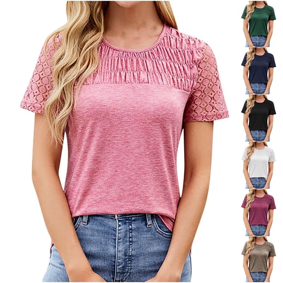 Otvok Womens Short-Sleeved Round Neck Lace Splicing Solid Color Casual Blouse