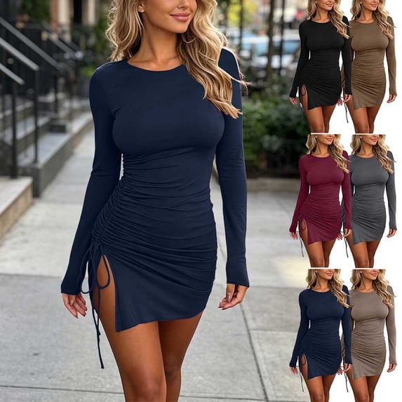 Otvok Womens Side Slit Slim Dress, Round Neck Long Sleeve Bodycon Mini Gown, Adjustable Drawstring Ruched Party Dress