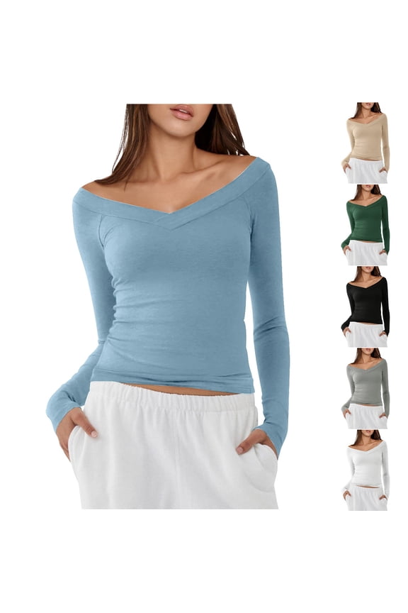 Otvok Womens Solid Color Tight Fitting Base Shirt Long Sleeved Round Neck Winter Tops