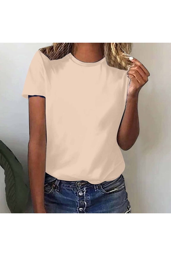 Otvok Womens Solid Color Tops Casual Loose Short Sleeve Round Neck Shirts