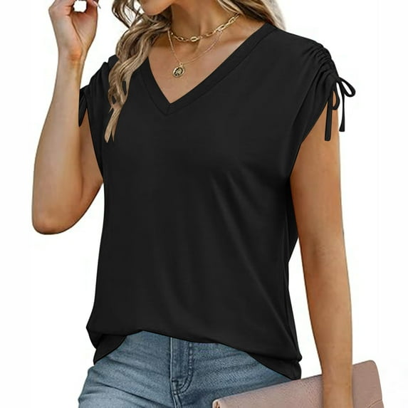 Otvok Womens Solid Short Sleeve Tops Drawstrings Summer Trendy 2024 V Neck T Shirts