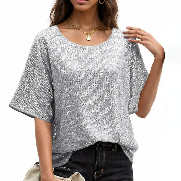 Otvok Womens Sparkly Sequin Short Sleeve Glitter Dressy Blouses Club Ruffle Party Tops