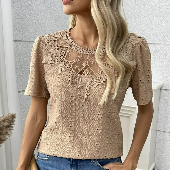 Otvok Womens Spring Tops Round Neck Solid Color Short Sleeve Lace Patchwork T-Shirt