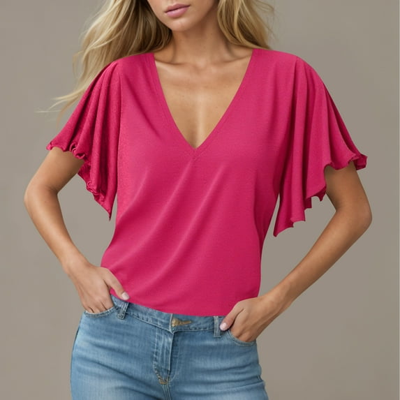 Otvok Womens Spring and Summer Blouses V-Neck Short-Sleeve Solid Loose Casual Tops