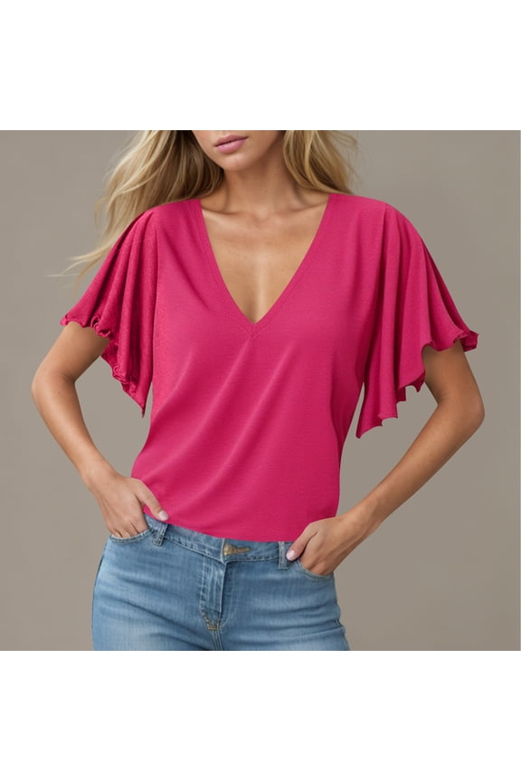 Otvok Womens Spring and Summer Blouses V-Neck Short-Sleeve Solid Loose Casual Tops