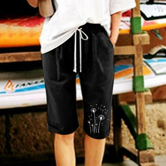 Otvok Womens Summer Printed Plus Size Cotton Linen Pants Casual Shorts