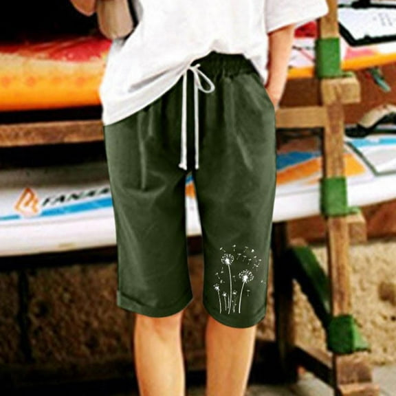 Otvok Womens Summer Printed Plus Size Cotton Linen Pants Casual Shorts