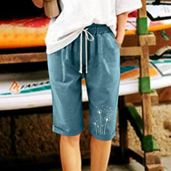 Otvok Womens Summer Printed Plus Size Cotton Linen Pants Casual Shorts