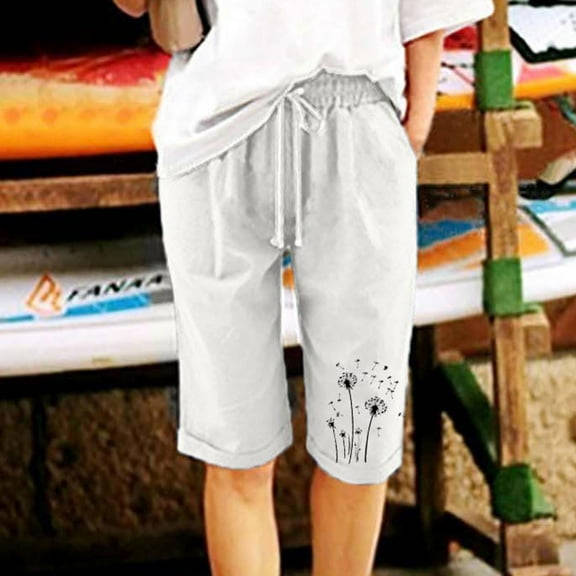 Otvok Womens Summer Printed Plus Size Cotton Linen Pants Casual Shorts
