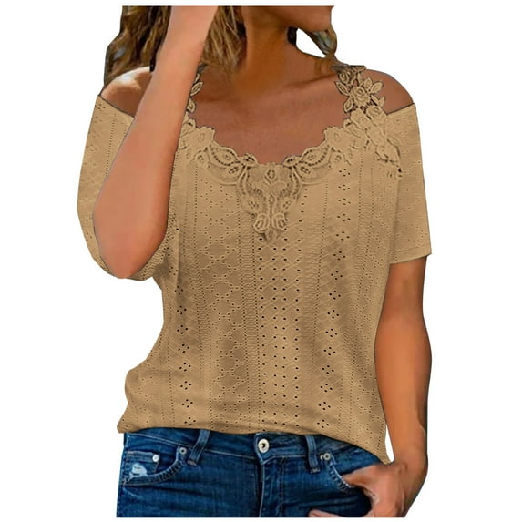 Otvok Womens Summer Strapless Tops V-Neck Casual Lace Patchwork Solid Caims Fashion Blouse