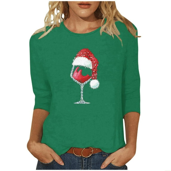 Otvok Womens Summer Tops Casual Round Neck Christmas Printed Blouse 3/4 Sleeve T-Shirt
