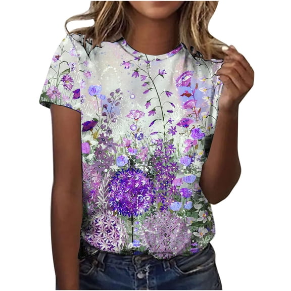 Otvok Womens Summer Tops Regular Casual Short Sleeve Flower Print Round Neck Pullover Blouse