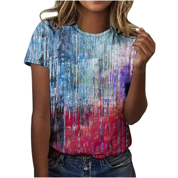 Otvok Womens Summer Tops Regular Casual Short Sleeve Flower Print Round Neck Pullover Blouse