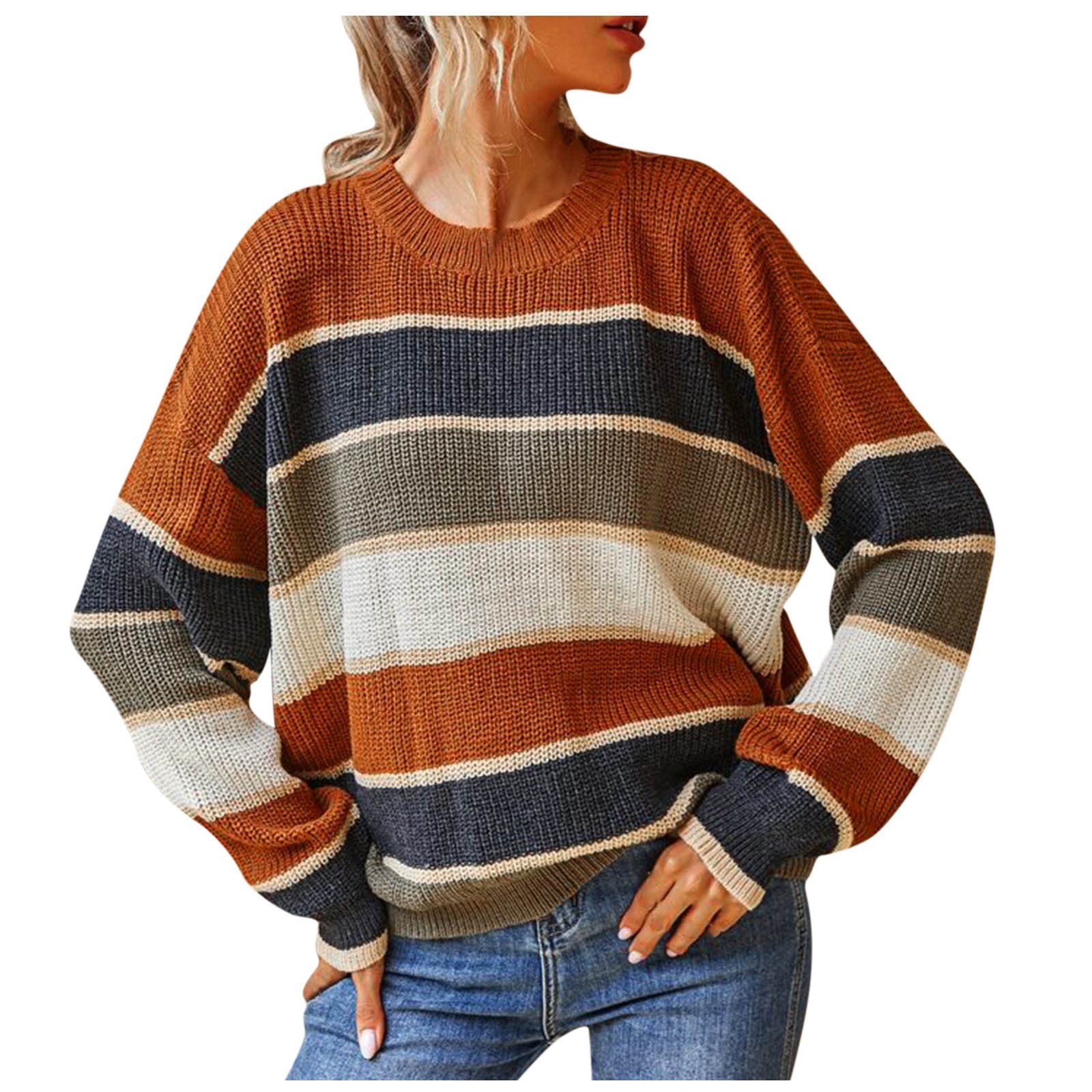 Otvok Womens Sweater Clearance Stripe Splicing Recreational Long Sleeve Tops Walmart Business Supplies
