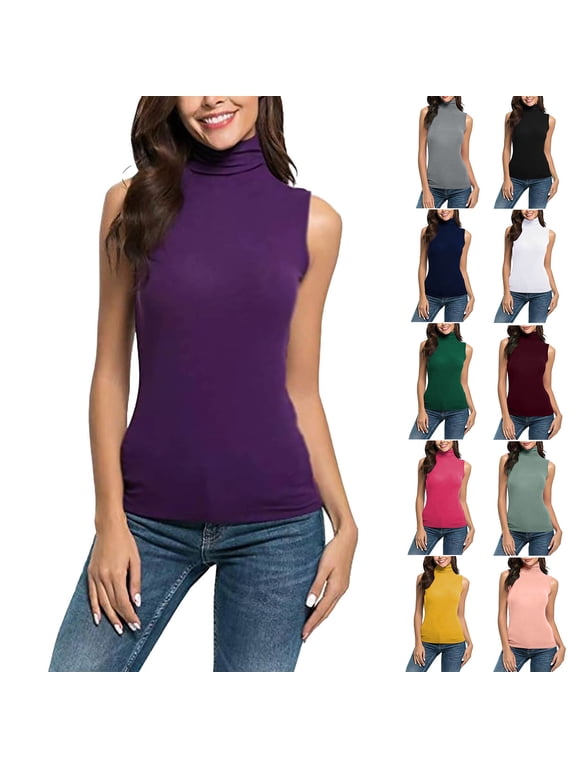 Womens Tank Top Casual Solid Color Sleeveless Turtleneck Tee Shirt Tops