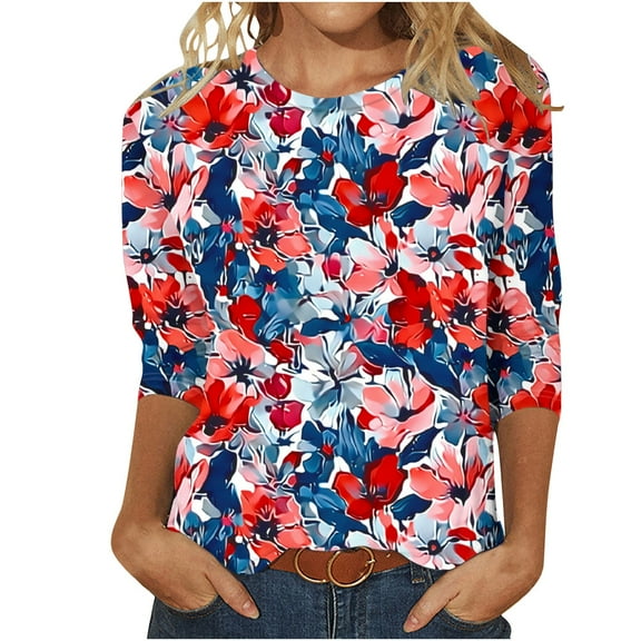 Otvok Womens Tops 3/4 Sleeve Shirts Round Neck Loose Casual Blouses Floral Print Tshirts