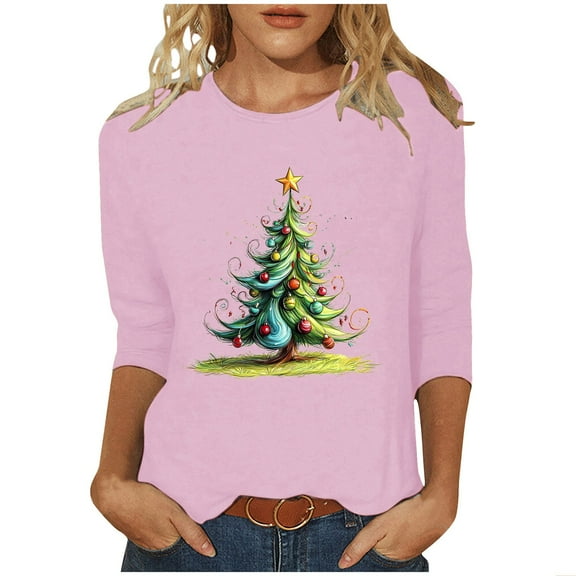 Otvok Womens Tops Casual Round Neck Christmas Printed Blouse 3/4 Sleeve T-Shirt for Summer