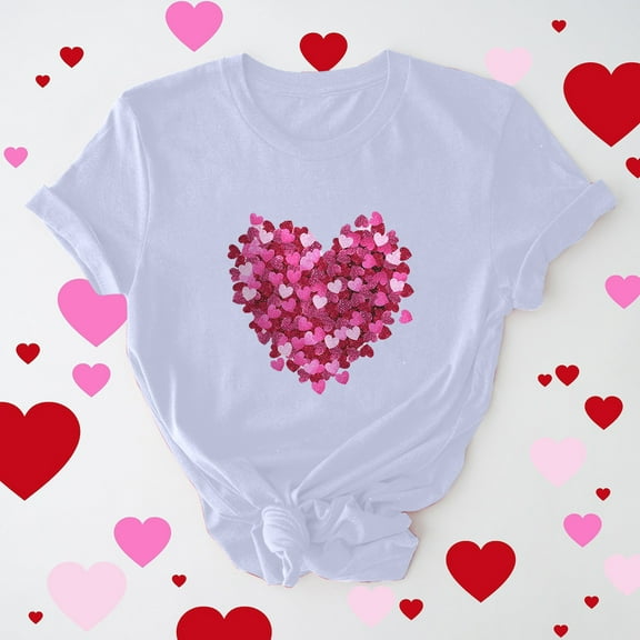 Otvok Womens Tops Casual Round Neck Short-Sleeve Valentine's Day Printed T-shirt