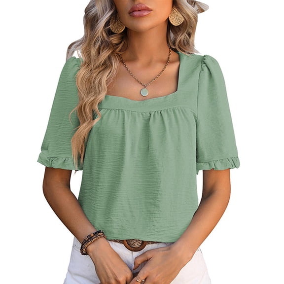 Otvok Womens Tops Casual Solid Color Short-Sleeve Square-Neck Blouses Shirts