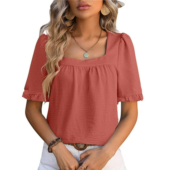 Otvok Womens Tops Casual Solid Color Short-Sleeve Square-Neck Blouses Shirts