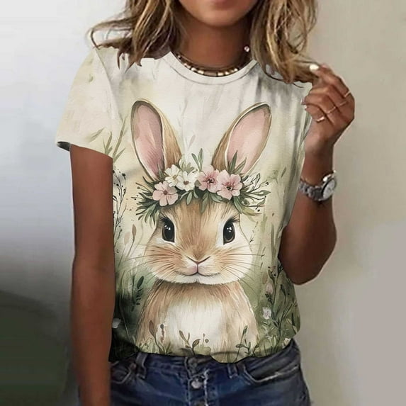 Otvok Fashionable Womens Casual Pullover Easter Printed Short Sleeved Round Neck Tops
