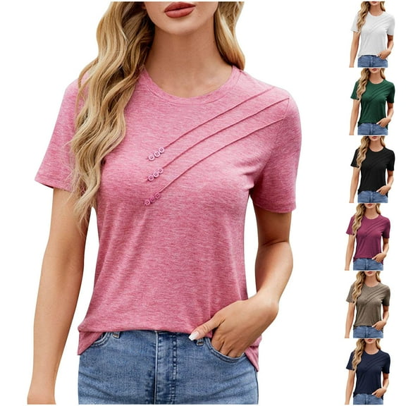 Otvok Womens Tops New Short Sleeve Round Neck Solid Color Button Casual Fashion Blouse