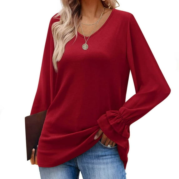 Otvok Womens Tops Solid Color Long Sleeve Flared Sleeve V-Neck T-Shirt Blouse
