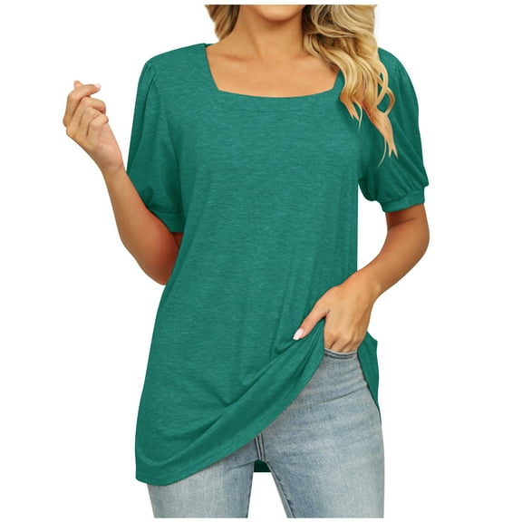 Otvok Womens Tops Solid Square Collar Ruffled T-Shirt Short Sleeve Loose Blouse