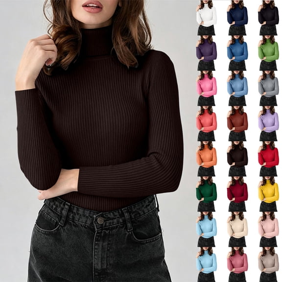 Otvok Womens Turtleneck Long Sleeve Pullover, Ribbed Fitted Sweater, Versatile Solid Basic Layering Top for Casual & Office Wear