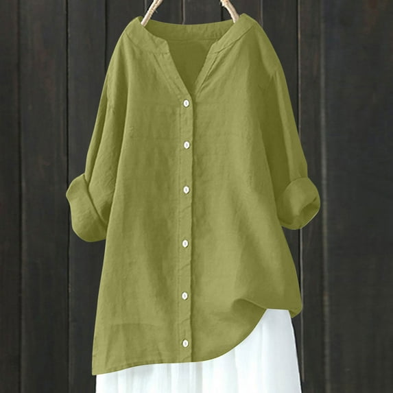 Otvok Womens V-Neck Long Sleeve Loose Button Cotton and Linen Tunic Summer Blouse