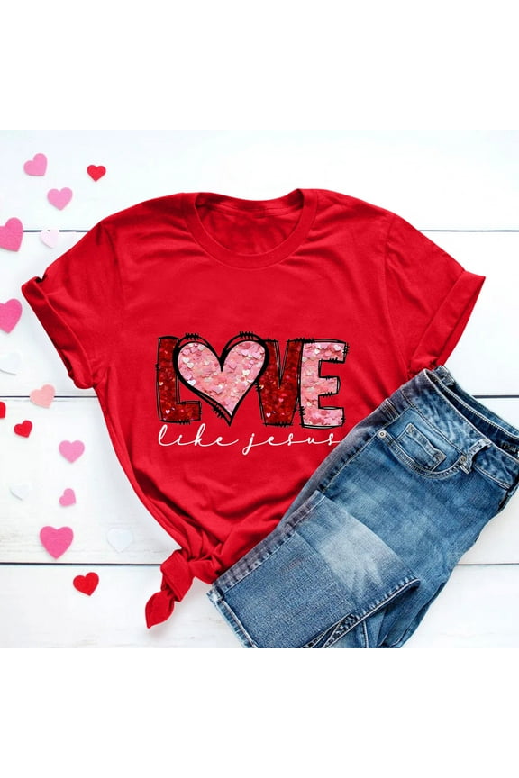 Womens Valentine's T-Shirts Lover Printed Round Neck Short Sleeve Tops