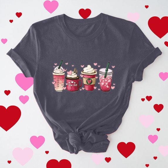 Otvok Womens Valentines Tops Casual Round Neck Short-Sleeved Printed T-Shirt