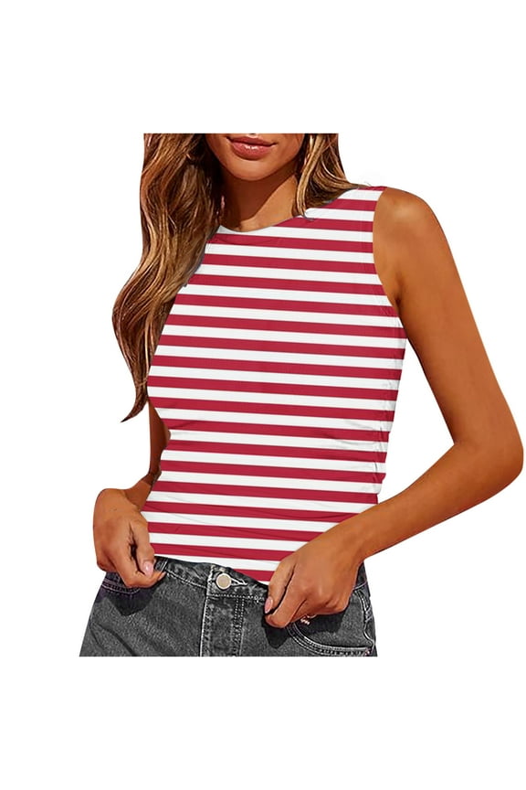 Otvok Womens Vest Summer Slim Fitted Blouse Side Ruched Basic Stripe Printed Tank Top